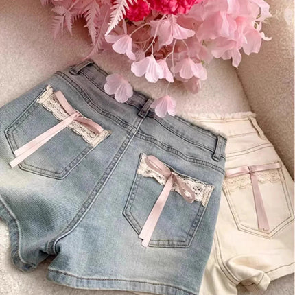 Lace Bow Denim Shorts Women's Summer New High Waisted Large Size Short Jeans Trend Raw Edge Spicy Girl High Street Hot Pant PlatiNum