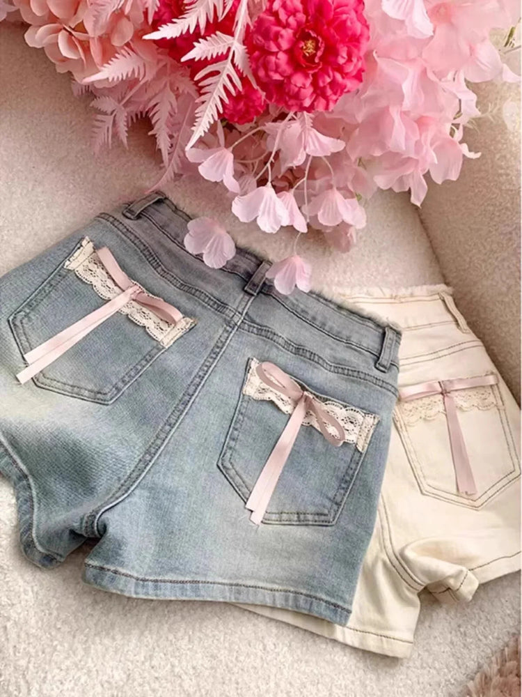 Lace Bow Denim Shorts Women's Summer New High Waisted Large Size Short Jeans Trend Raw Edge Spicy Girl High Street Hot Pant PlatiNum