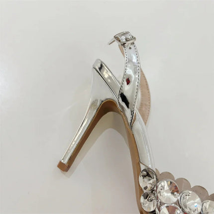 Hlieny Hollow Out Patent Leather Women Pumps Fashion Crystal Diamonds Pointed Toe Gold Silver High Heels Shoes Stiletto Sandals PlatiNum