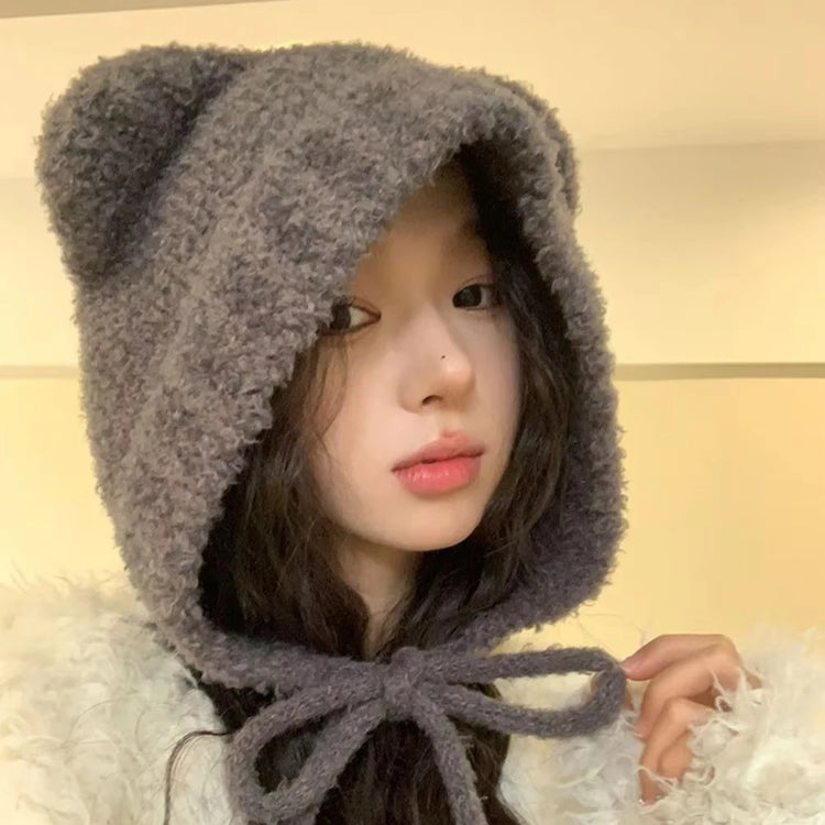 1Pc Women Cute Warm Beanie with Bear Era Earmuffs,Outdoor Travel Cycling Knitt Thick Fluffy Warm Pullover Cap for Autumn/Winter