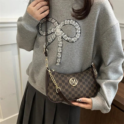 Vintage Style Handbag Crossbody Bag, Gold Letter 'M' Design Pu Leather Shoulder Messenger Bag, Synthetic Leather Tote Bag, Purse PlatiNum