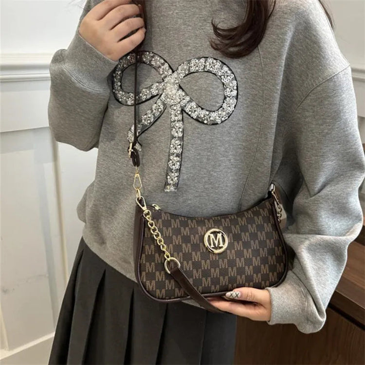 Vintage Style Handbag Crossbody Bag, Gold Letter 'M' Design Pu Leather Shoulder Messenger Bag, Synthetic Leather Tote Bag, Purse PlatiNum