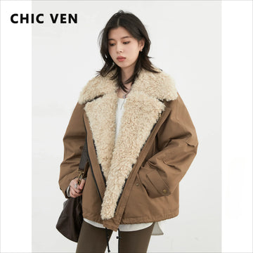 CHIC VEN Women Coats Streetwear Loose Casual New Retro Motorcycle Cotton Jacket Thick Warm Female Overcoat Autumn Winter 2026