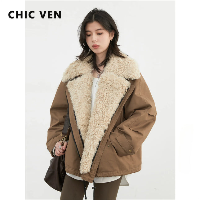 CHIC VEN Women Coats Streetwear Loose Casual New Retro Motorcycle Cotton Jacket Thick Warm Female Overcoat Autumn Winter 2026