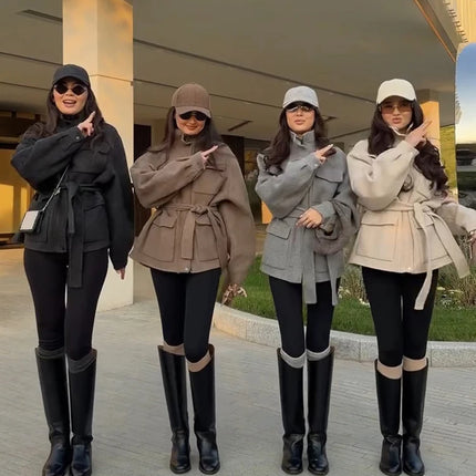 Casual Solid Woolen Loose Coats Women Belt Stand Collar Full Sleeve Zippers Lace Up Coat Female 2026 Autumn Lady Outwears