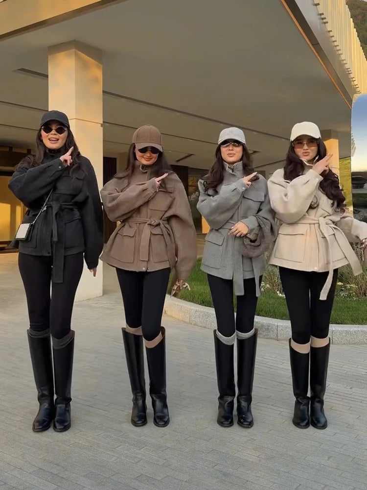 Casual Solid Woolen Loose Coats Women Belt Stand Collar Full Sleeve Zippers Lace Up Coat Female 2026 Autumn Lady Outwears