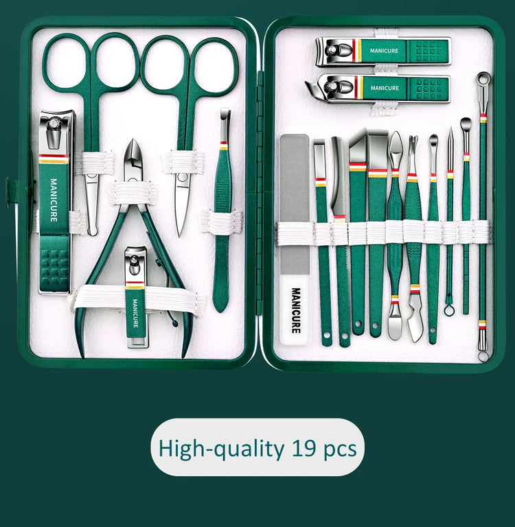 19Pcs Stainless Steel Manicure Set Portable Nail Clipper Kit with Foldable Storage Bag Nail Cutters Scissors Beauty Grooming Tools