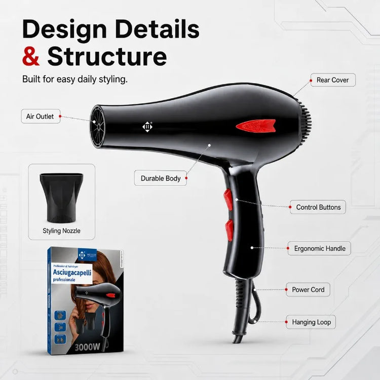 Professional 3000W Hair Dryer 100‑240V Dual Voltage Blow Dryer Adjustable Heat Speed With Nozzles For Home Salon Travel Hair Styling