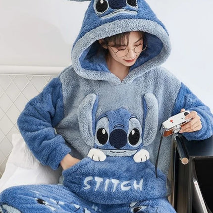 Anime Stitch Pajamas Cute Winter Flannel Thick Sleepwear Set Couple Homewear Warm Comfortable Windproof Long Sleeved Pants Gift