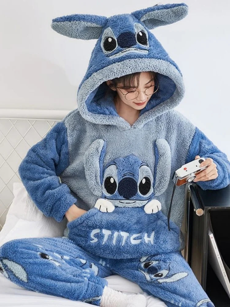 Anime Stitch Pajamas Cute Winter Flannel Thick Sleepwear Set Couple Homewear Warm Comfortable Windproof Long Sleeved Pants Gift