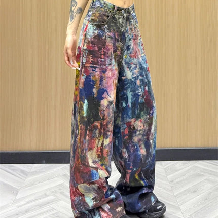Jeans Americani da Donna a Vita Alta e Gamba Dritta, Pantaloni in Denim Colorati con Effetto Schizzi d'Inchiostro, Pantaloni Larghi Stile Cowboy per l'Autunno