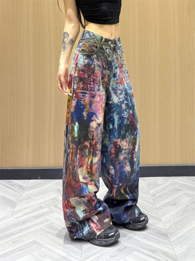 Jeans Americani da Donna a Vita Alta e Gamba Dritta, Pantaloni in Denim Colorati con Effetto Schizzi d'Inchiostro, Pantaloni Larghi Stile Cowboy per l'Autunno