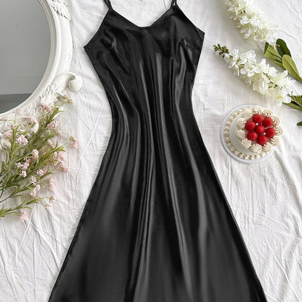 Elegante camicia da notte in raso da donna, sexy e comoda, abito lungo a tinta unita, pigiama per donna