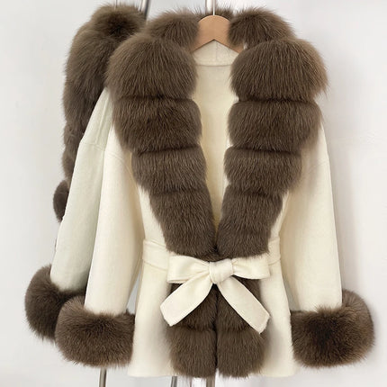 Real Fur Wool Jacket Fashion Reality Fur Jacket Women Natural Fox Fur Cuffs Winter Clothing Female Elegant with Belt Woolen Coat