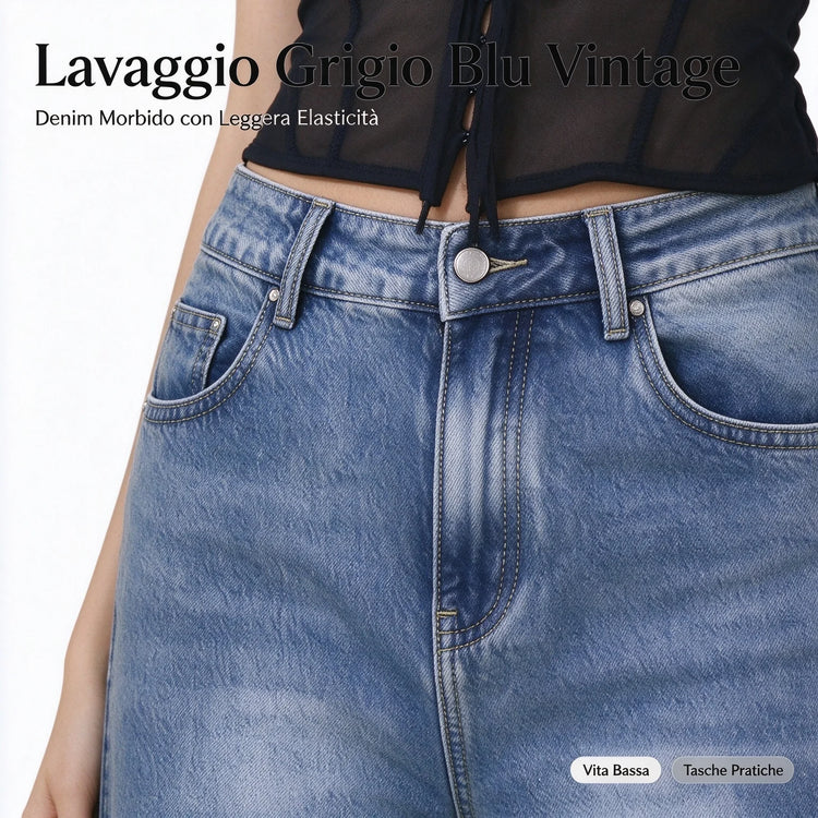 Women's Low Waist Wide Leg Jeans, Grey Blue Washed Denim, Stretchy, Casual Fashion Wide Leg Pants for Female,Yw-1918