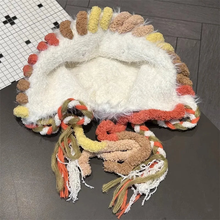 2025 Funny Monster Furry Hat for Women Autumn Winter Knitted Beanie with Braid Warm Ear Protection Hand Crochet Skullies