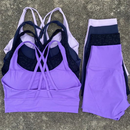 Yoga Shorts Set Gym Sports Set Women Workout Clothes 2 Piece Fitness Suit Cross Straps Bra High Waist Shorts Running Tracksuit