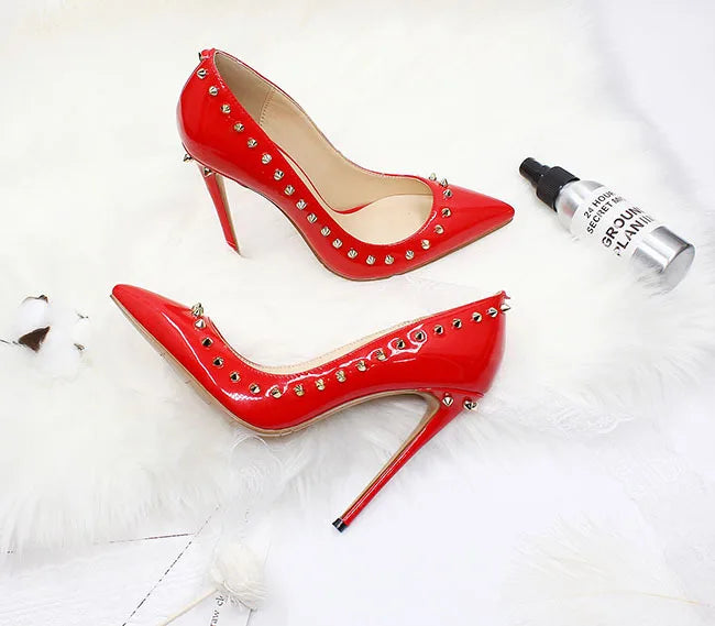 Women 12CM Stiletto Fashion Rivet High Heels Black Red Shallow Mouth Single Shoes Club Party Female Pointy Pumps Plus Size 34-45