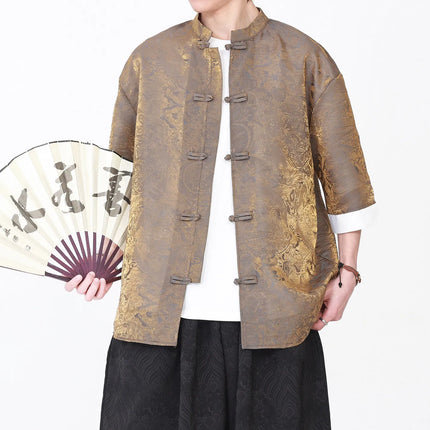 Camicia da Uomo di Lusso con Sfumature Colorate, Jacquard a Maniche Corte, Stile Cinese Tradizionale, Fresca per l'Estate, in Seta Ghiaccio