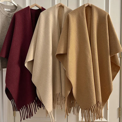 Women Split‑Open Woolen Tassel Poncho Shawl Thick Warm Cape Coat Autumn Winter Travel Photography Outer Wrap