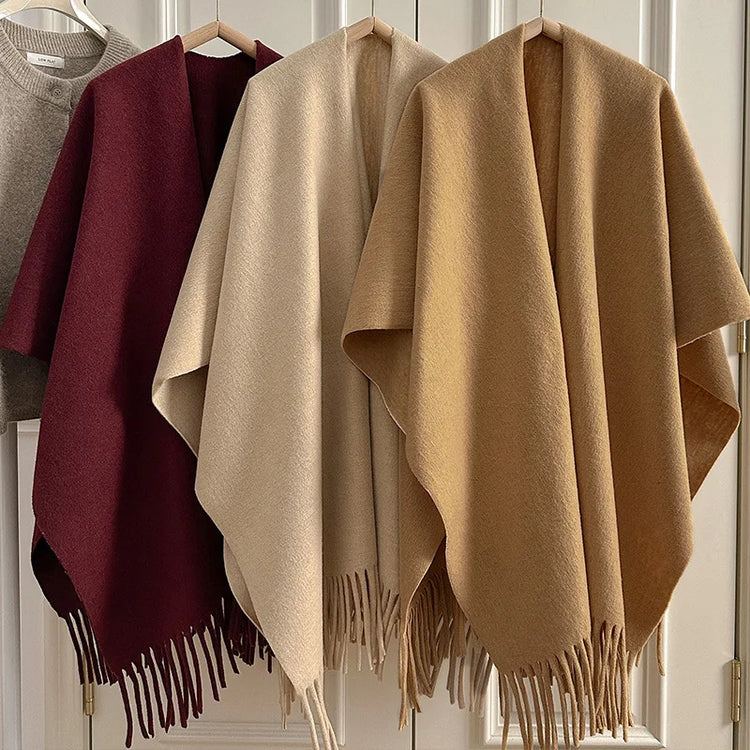 Women Split‑Open Woolen Tassel Poncho Shawl Thick Warm Cape Coat Autumn Winter Travel Photography Outer Wrap