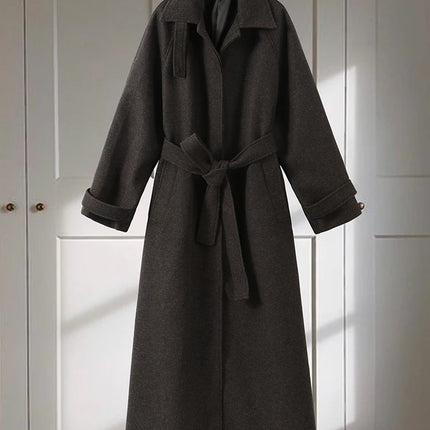 Women's Long Woolen Overcoats Stand Collar Single Breasted Lace Up Oversized Coat Autumn Winter Female Loose New Chic Outerwears