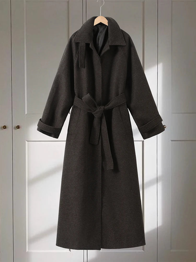 Women's Long Woolen Overcoats Stand Collar Single Breasted Lace Up Oversized Coat Autumn Winter Female Loose New Chic Outerwears