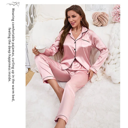 Pijama de mujer de otoño lujoso pijama de manga larga de satén liso elegante cuello con solapa top y pantalones largos ropa de dormir y pijama