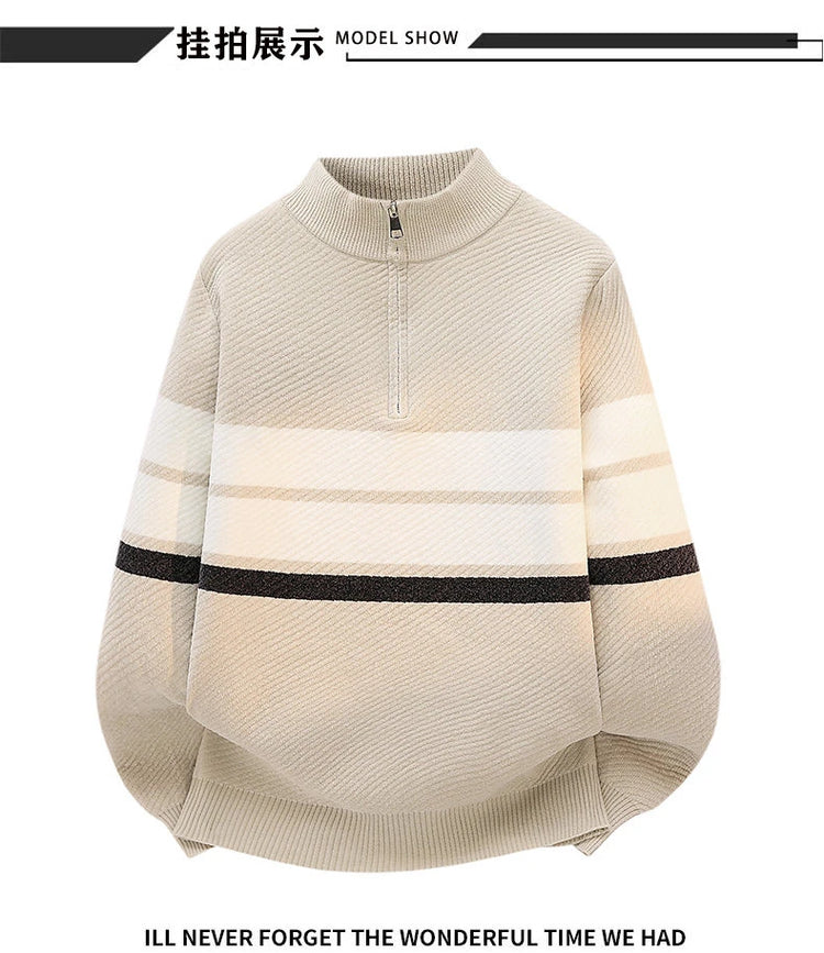 High Quality Fashionable and Simple Half Zipper stripe Sweater Men's Autumn and Winter Knitted Sweater Casual Pullover Top