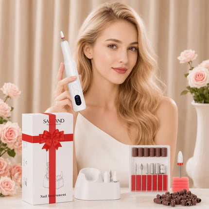 Rechargeable Electric Nail Drill Machine, Professional Nail File Kit with 11pcs Nail Drill Bits, Sanding Bands, 3 Speed Settings for Manicure & Pedicure, White