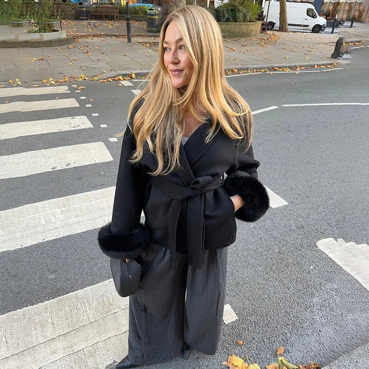TARUXY Fox Fur Woolen Long Coats Women's Office Lady Removable Elegant Coat Double-sided Wool Overcoat 2025 New Cardigan Jacket