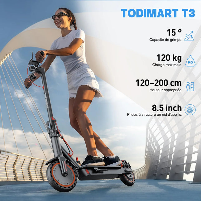 Monopattino Elettrico TODIMART T3 per Adulti, E-Scooter Urbano con Motore da 350W, Batteria 36V, Velocità 24,99 km/h, Autonomia 20-30 km, Pieghevole, 3 Velocità Regolabili, E-Scooter per Pendolari Urbani