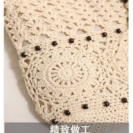 Women Crochet Tote Bag White Openwork Knit Handbag with Beaded Fringe Charm Long Adjustable Straps Boho Beach Bag