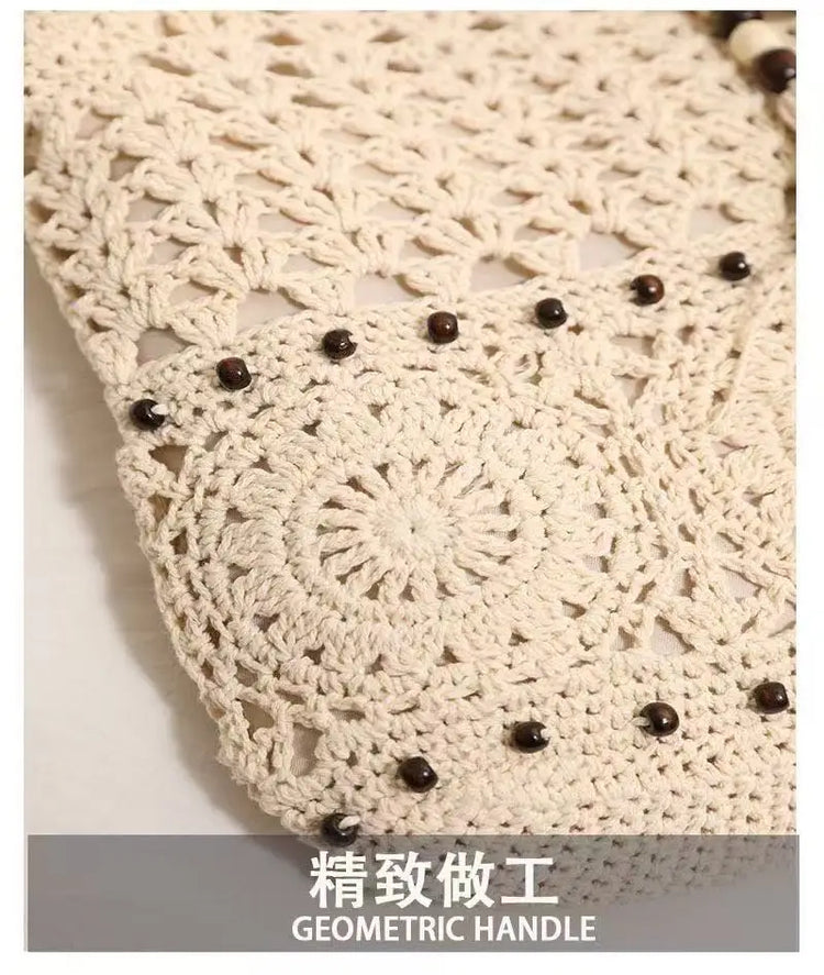 Borsa tote all'uncinetto per donna Borsa in maglia traforata bianca con ciondolo con frange di perline Cinghie lunghe regolabili Borsa da spiaggia Boho