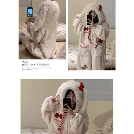 New Sweet and Cute Bow Rabbit One-piece Pajamas Women's Winter New Fleece Thickened Coral Fleece Large Size Loungewear Sleepwear