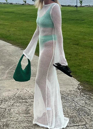 Abito lungo a maniche lunghe senza schienale lavorato a maglia di nuovo stile Abito lungo da donna per le vacanze al mare Copricostume trasparente per protezione solare platinumshop