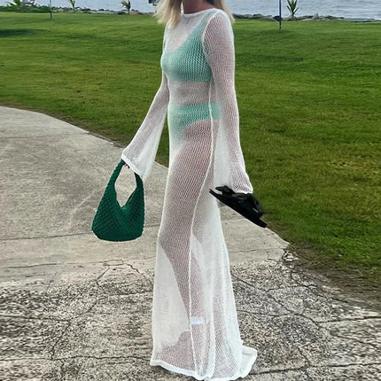 Abito lungo a maniche lunghe senza schienale lavorato a maglia di nuovo stile Abito lungo da donna per le vacanze al mare Copricostume trasparente per protezione solare platinumshop