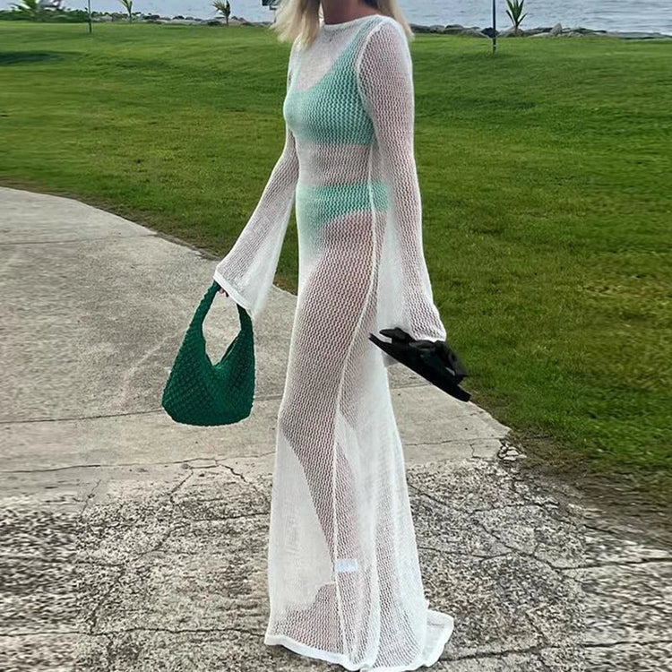 Abito lungo a maniche lunghe senza schienale lavorato a maglia di nuovo stile Abito lungo da donna per le vacanze al mare Copricostume trasparente per protezione solare platinumshop
