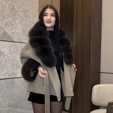 Lady Faux Fur Collar Cuffs Patchwork Short Overcoat  Belted Lace Up Loose Warm Jacket New Winter Daily Street Women's Outerwear