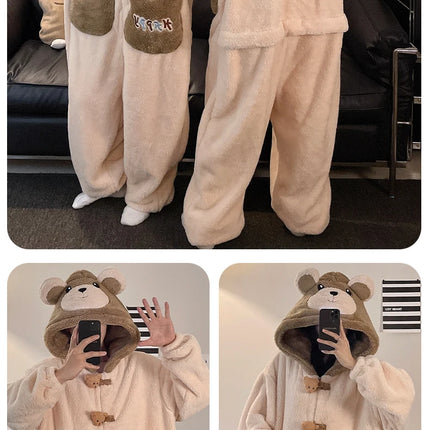 Winter Pajamas Cartoon Bear Costume Pijama Kawaii Adult Couples Kigurumis Sleepwear Jumpsuits Coral Fleece Loose Warm Homewear