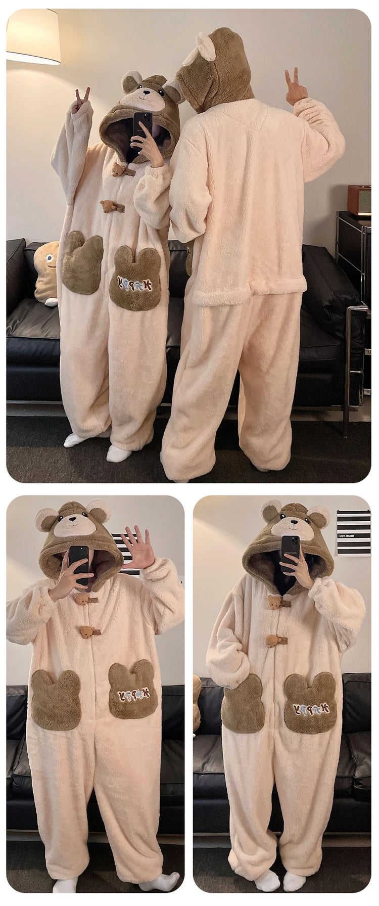 Winter Pajamas Cartoon Bear Costume Pijama Kawaii Adult Couples Kigurumis Sleepwear Jumpsuits Coral Fleece Loose Warm Homewear