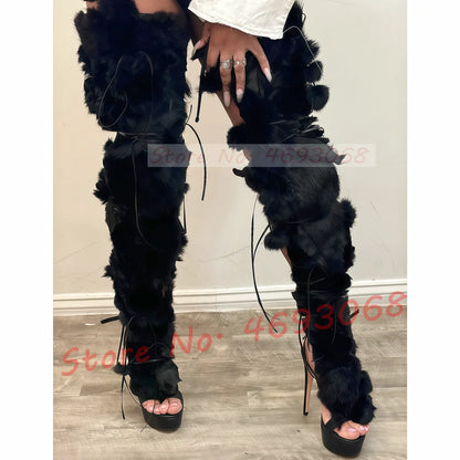 Real Fur Wrap Cross Tied Platform Sandals Women Luxury Open Toe Furry High Heels Long Shoes Ladies Sexy Colored Puttee Sandals