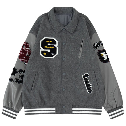 Men's Letterman Jacket Vintage Varsity Coat Patchwork Baseball Streetwear Outerwear with Faux Leather Sleeves & Fine Embroidery