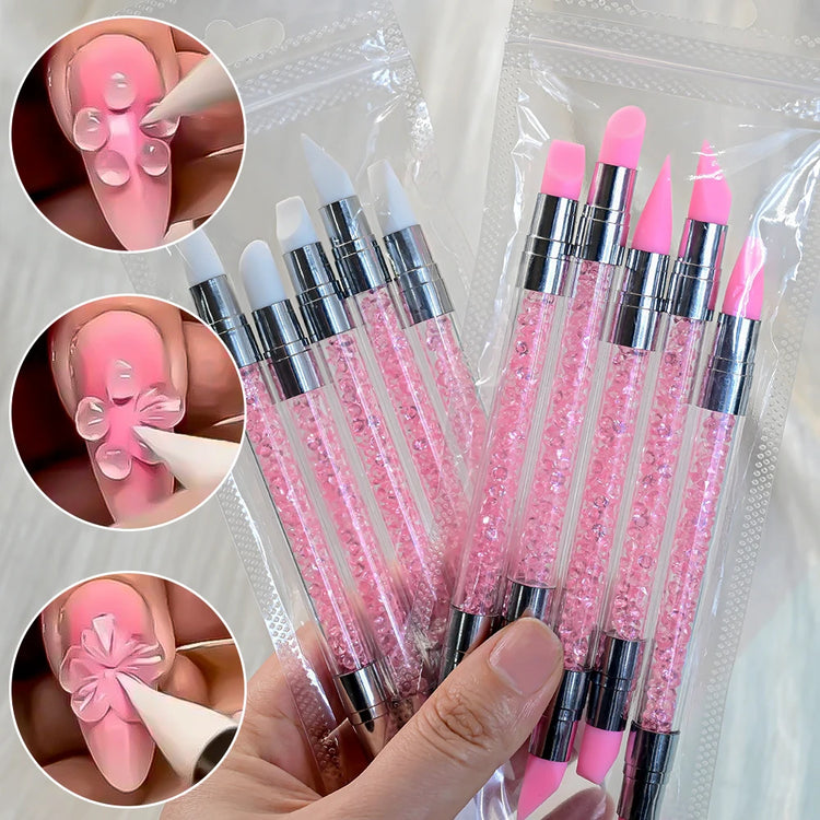 5Pcs/Set Pink Dual Ended Rhinestone Nail Art Silicone Pen Sculpture Pen/3D Flower Carving/Dotting Nail Tool 13cmManicure Brush