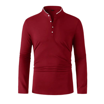 2025 New Men's Casual and Fashionable Solid Color Long Sleeve Stand-Up Collar T-Shirt Versatile and Comfortable Summer Top