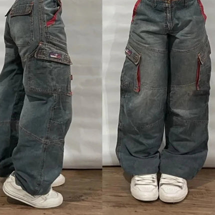 Street Vintage Jeans New Y2K Harajuku Wash Blue Multiple pockets Baggy Jeans Denim Pants Mens Womens High Waist Wide Trousers PlatiNum