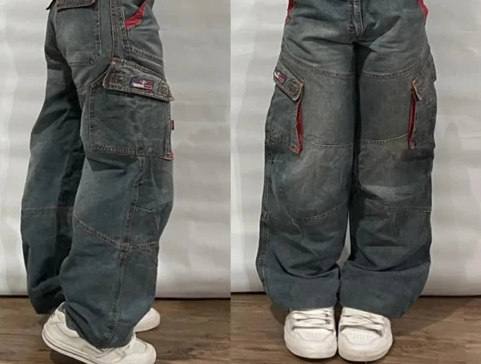 Street Vintage Jeans New Y2K Harajuku Wash Blue Multiple pockets Baggy Jeans Denim Pants Mens Womens High Waist Wide Trousers PlatiNum