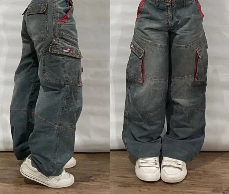 Street Vintage Jeans New Y2K Harajuku Wash Blue Multiple pockets Baggy Jeans Denim Pants Mens Womens High Waist Wide Trousers PlatiNum