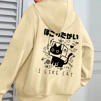 I Like Cat Heart Box Cat Print Women Hoody Autumn Fleece Hoodies Jogging Loose Streetwear Casual All-Match Female Hoodie