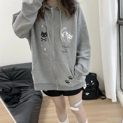 Zipper Hoodie Gothic Cartoon Kawaii Cat Ear Y2k Jacket Zip Up Thin Coat Spring Autumn Cute Core 2000s Clothes Fall Sweatshirts